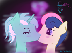 Size: 712x528 | Tagged: safe, artist:vankat, derpibooru import, bon bon, lyra heartstrings, sweetie drops, pony, unicorn, blushing, female, heart, heart eyes, kissing, lesbian, love, lyrabon, shipping, simple background, wingding eyes