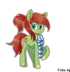 Size: 589x604 | Tagged: safe, artist:frikailgs, derpibooru import, oc, oc only, oc:cherry love, earth pony, pony, clothes, cute, earth pony oc, looking at you, ponytail, raised leg, scarf, simple background, solo, white background