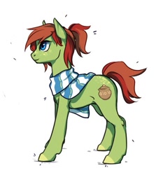 Size: 539x604 | Tagged: artist needed, safe, derpibooru import, oc, oc:cherry love, earth pony, pony, clothes, cute, earth pony oc, green coat, scarf, side view, simple background, white background