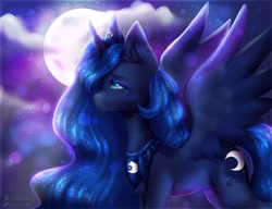 Size: 2600x2000 | Tagged: safe, artist:zefirka, derpibooru import, princess luna, alicorn, pony, cloud, crown, cutie mark, female, full moon, hair over one eye, high res, jewelry, looking at each other, moon, regalia, solo