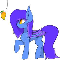 Size: 2346x2356 | Tagged: safe, artist:skylarpalette, derpibooru import, oc, oc only, oc:skylar night, bat pony, bat pony oc, bat wings, big ears, female, fluffy, food, full body, long mane, long tail, mango, mare, simple background, simple shading, transparent background, walking, wings