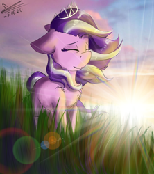 Size: 940x1060 | Tagged: safe, artist:yuris, derpibooru import, diamond tiara, pony, cheek fluff, chest fluff, eyes closed, jewelry, leg fluff, lens flare, open mouth, raised hoof, redrawn, shining, shoulder fluff, smiling, solo, sunrise, tiara