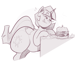 Size: 1757x1456 | Tagged: safe, artist:secretgoombaman12345, twilight sparkle, twilight sparkle (alicorn), pony, burger, chubby, fat, food, kitchen eyes, monochrome, ponies eating meat, princess twilard, simple background, solo, tongue out, twilard sparkle, twilight burgkle, twilight has a big ass