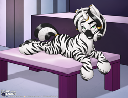 Size: 2600x2000 | Tagged: safe, artist:bluebender, oc, oc only, oc:black magic, zebra, commission, dread locks, horn, horn ring, jewelry, looking at you, lying down, male, massage table, piercing, presenting, showing off, smug, stripes, unshorn fetlocks, zebra oc