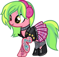 Size: 6000x5816 | Tagged: safe, artist:n0kkun, derpibooru import, lemon zest, earth pony, pony, belt, boots, choker, clothes, commission, ear piercing, earring, equestria girls ponified, eyebrow piercing, eyeshadow, female, headphones, jacket, jewelry, leather jacket, lip piercing, makeup, mare, nose piercing, piercing, ponified, raised hoof, shoes, simple background, skirt, socks, solo, spiked choker, stockings, tattoo, thigh highs, torn clothes, transparent background