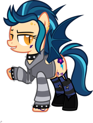 Size: 5000x6606 | Tagged: safe, artist:n0kkun, derpibooru import, indigo zap, bat pony, pony, bat ponified, bedroom eyes, boots, choker, clothes, commission, ear piercing, earring, equestria girls ponified, eyebrow piercing, fangs, female, grin, hoodie, jewelry, mare, piercing, ponified, race swap, raised hoof, shoes, simple background, smiling, socks, solo, spiked choker, spiked wristband, striped socks, tattoo, transparent background, wristband