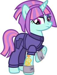 Size: 5000x6606 | Tagged: safe, artist:n0kkun, derpibooru import, sunny flare, pony, unicorn, clothes, commission, equestria girls ponified, eyeshadow, female, jumpsuit, makeup, mare, ponified, raised hoof, simple background, solo, sunny flare's wrist devices, tattoo, transparent background