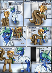 Size: 2893x4092 | Tagged: safe, artist:novaspark, oc, oc only, oc:mocha glaze, oc:nova spark, original species, comic:working for a mad mare, clothes, comic, dialogue, lab coat, laboratory, misspelling, multiple tails