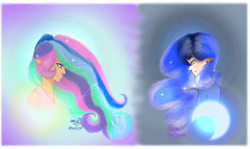 Size: 2202x1311 | Tagged: safe, artist:moondaneka2405, derpibooru import, princess celestia, princess luna, human, abstract background, bust, clothes, crescent moon, duo, elf ears, ethereal mane, female, humanized, moon, siblings, signature, sisters, starry mane
