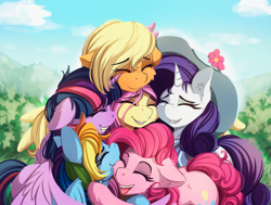 Size: 3513x2661 | Tagged: safe, artist:alcor, derpibooru import, applejack, fluttershy, pinkie pie, rainbow dash, rarity, twilight sparkle, twilight sparkle (alicorn), alicorn, earth pony, pegasus, pony, unicorn, cropped, cute, ear fluff, female, group hug, hat, hug, mane six, mare, missing accessory, sun hat