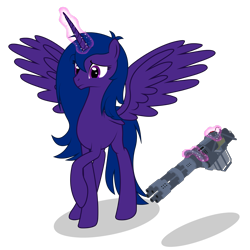 Size: 4000x4000 | Tagged: safe, artist:kitana762, derpibooru import, oc, oc only, oc:lacunae, alicorn, pony, fallout equestria, fallout equestria: project horizons, artificial alicorn, fanfic art, gun, magic, minigun, purple alicorn (fo:e), sad, simple background, solo, spread wings, telekinesis, transparent background, weapon, wings