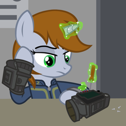 Size: 2083x2083 | Tagged: safe, artist:kitana762, derpibooru import, oc, oc only, oc:littlepip, pony, unicorn, fallout equestria, bored, clothes, magic, pipbuck, screwdriver, solo, stable 2, stable-tec, telekinesis, vault suit, working