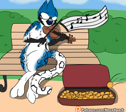 Size: 1800x1600 | Tagged: safe, artist:novaspark, oc, oc only, oc:hilda, griffon, bench, bits, flat colors, griffon oc, money, music, music notes, patreon, patreon logo, patreon reward, solo, violin