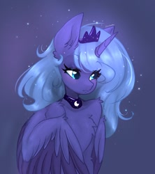 Size: 1256x1413 | Tagged: safe, artist:siripim111, princess luna, alicorn, pony, semi-anthro, blue background, chest fluff, crown, cute, ear fluff, female, human shoulders, jewelry, lunabetes, mare, regalia, s1 luna, shoulder fluff, simple background, solo, two toned wings, wings