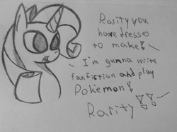 Size: 1280x956 | Tagged: safe, artist:poorlydrawnpony, rarity, pony, unicorn, me irl, offscreen character, procrastination, solo, traditional art