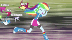 Size: 640x360 | Tagged: safe, edit, edited screencap, screencap, rainbow dash, bird, blue jay, equestria girls, shake your tail, animated, chase, homework, me irl, metaphor gif, responsibility, running, songbird, speed lines, the truth, truth, work
