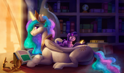 Size: 2200x1312 | Tagged: safe, artist:tsitra360, derpibooru import, princess celestia, twilight sparkle, unicorn twilight, alicorn, pony, unicorn, blank flank, book, bookshelf, butt, cute, cutelestia, cutie mark, female, filly, filly twilight sparkle, hoers, indoors, looking back, lying down, lying on top of someone, magic, mare, momlestia, plot, ponies riding ponies, profile, prone, reading, riding, size difference, smiling, sunbutt, teacher and student, telekinesis, twiabetes, twily, younger