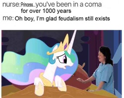 Size: 680x536 | Tagged: safe, princess celestia, alicorn, human, pony, coma, me irl, meme, open mouth, sir you've been in a coma, text