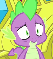 Size: 653x720 | Tagged: safe, screencap, spike, dragon, inspiration manifestation, bags under eyes, carriage, cropped, fangs, implied rarity, looking at something, male, me irl, solo, tired