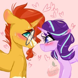 Size: 768x768 | Tagged: safe, artist:pineappleartz, derpibooru import, starlight glimmer, sunburst, pony, unicorn, blushing, female, heart, looking at each other, male, shipping, smiling, starburst, straight
