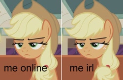 Size: 707x459 | Tagged: safe, edit, edited screencap, editor:pony-berserker, screencap, applejack, earth pony, pony, the saddle row review, applejack is not amused, caption, image macro, lidded eyes, me irl, meme, reaction image, text, unamused