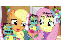 Size: 960x720 | Tagged: safe, edit, edited screencap, editor:countcoltnackh, screencap, applejack, fluttershy, earth pony, pegasus, pony, best gift ever, 1000 years in photoshop, applejack's hat, comic sans, concerned, cowboy hat, dank memes, earmuffs, exploitable meme, hat, holly the hearths warmer doll, looking at each other, me irl, meme, text, train