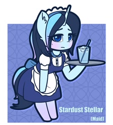 Size: 1322x1466 | Tagged: safe, artist:puetsua, derpibooru import, oc, oc only, oc:stardust stellar, anthro, unguligrade anthro, unicorn, blushing, chibi, clothes, female, glass, holding, lidded eyes, looking at you, maid, mare, solo, tray