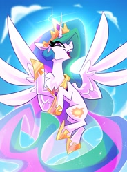 Size: 2459x3336 | Tagged: safe, artist:nekosnicker, derpibooru import, princess celestia, alicorn, pony, backlighting, chest fluff, cloud, crown, female, flying, high res, jewelry, looking at you, mare, open mouth, profile, regalia, sky, solo, spread wings, wings