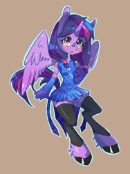 Size: 1200x1600 | Tagged: safe, artist:tomat-in-cup, derpibooru import, twilight sparkle, twilight sparkle (alicorn), alicorn, anthro, unguligrade anthro, 2014, brown background, clothes, colored hooves, evening gloves, female, gloves, long gloves, simple background, skirt, solo, unshorn fetlocks