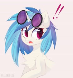 Size: 3828x4096 | Tagged: safe, artist:melloncollie-chan, derpibooru import, dj pon-3, vinyl scratch, pony, unicorn, bust, chest fluff, open mouth, pink eyes, portrait, simple background, solo, surprised