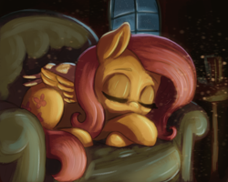 Size: 2500x2000 | Tagged: safe, artist:t72b, derpibooru exclusive, angel bunny, fluttershy, pegasus, pony, chair, cute, dark, eyes closed, prone, shyabetes, sleeping, stars, window