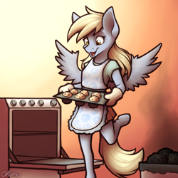 Size: 2000x2000 | Tagged: safe, artist:ohemo, derpibooru import, derpy hooves, anthro, unguligrade anthro, apron, atg 2020, baking, clothes, food, muffin, newbie artist training grounds, open mouth, shirt, skirt