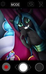 Size: 2200x3500 | Tagged: safe, artist:novaspark, derpibooru import, princess celestia, queen chrysalis, alicorn, changeling, changeling queen, pony, artpack:no nom november, female, imminent vore, selfie