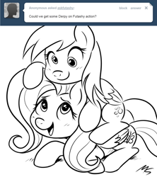 Size: 756x850 | Tagged: safe, artist:megasweet, derpy hooves, fluttershy, oc, oc:futashy, pegasus, pony, ask, ask futashy, black and white, female, futa, futashy, futaverse, grayscale, intersex, lineart, mare, monochrome