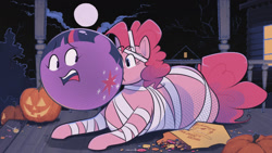 Size: 1280x720 | Tagged: safe, artist:secretgoombaman12345, pinkie pie, twilight sparkle, earth pony, pony, blowing bubbles, bubblegum, candy, chubbie pie, chubby, clothes, costume, duo, fat, female, fetish, food, food transformation, gum, halloween, holiday, imminent popping, inflation, jack-o-lantern, mummy, mummy costume, nightmare night, nightmare night costume, pudgy pie, pumpkin, transformation, twident gum