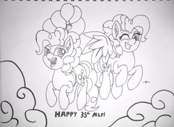 Size: 2880x2096 | Tagged: safe, artist:novaspark, pinkie pie, surprise, earth pony, pegasus, pony, g1, 35th anniversary, balloon, cloud, duo, flying, g1 to g4, generation leap, happy birthday mlp:fim, lineart, one eye closed, smiling, wink