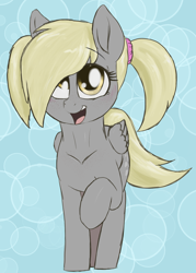 Size: 1250x1750 | Tagged: safe, artist:t72b, derpibooru exclusive, derpy hooves, pegasus, pony, abstract background, alternate hairstyle, blushing, cute, derpabetes, female, freckles, happy, mare, pigtails, raised hoof, smiling, solo
