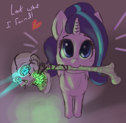 Size: 1450x1420 | Tagged: safe, artist:t72b, derpibooru exclusive, starlight glimmer, pony, unicorn, 2spooky, bone, cute, female, glimmerbetes, heart, looking at you, looking up, magic, magic staff, mare, mouth hold, skull, solo, staff, talking to viewer, what could possibly go wrong