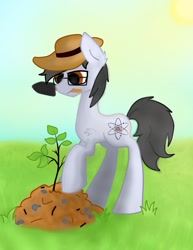 Size: 797x1034 | Tagged: safe, artist:leftover4444, derpibooru import, oc, oc only, oc:silver bristle, earth pony, pony, cutie mark, day, digital art, glasses, grass, ground, heat, male, mouth hold, planting, solo, stallion, sun, tree