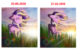 Size: 2040x1300 | Tagged: safe, artist:yuris, derpibooru import, diamond tiara, pony, eyes closed, jewelry, redraw, smiling, solo, sunrise, tiara