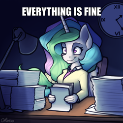 Size: 600x600 | Tagged: safe, artist:ohemo, derpibooru import, edit, princess celestia, alicorn, anthro, atg 2020, blatant lies, caption, cute, cutelestia, image macro, lamp, meme, newbie artist training grounds, paper, paperwork, text, this is fine, thousand yard stare