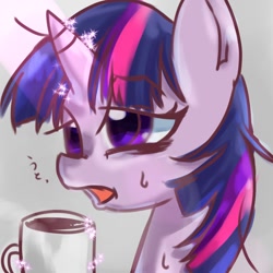 Size: 768x768 | Tagged: safe, artist:tomizawa96, derpibooru import, twilight sparkle, pony, bust, coffee, coffee mug, lidded eyes, magic, messy mane, mug, solo, telekinesis, tired