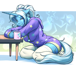 Size: 2916x2500 | Tagged: safe, artist:mykegreywolf, trixie, anthro, unguligrade anthro, unicorn, alternate hairstyle, babysitter trixie, clothes, coffee, coffee mug, digital art, female, hoodie, implied starlight glimmer, kneeling, mare, mug, solo, stars