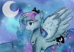 Size: 4893x3460 | Tagged: safe, alternate version, artist:lightisanasshole, derpibooru import, princess luna, alicorn, pony, cheek fluff, chest fluff, crown, curved horn, cutie mark, ear fluff, ethereal mane, female, horn, jewelry, lidded eyes, mare, melancholy, necklace, night, poster, profile, regalia, solo, spread wings, starry mane, stars, tail feathers, tiara, traditional art, wing fluff, wings
