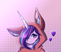 Size: 2300x2000 | Tagged: safe, artist:celes-969, derpibooru import, starlight glimmer, fox, unicorn, abstract background, alternate hairstyle, blushing, clothes, costume, cute, ear fluff, female, floating heart, glimmerbetes, hair over one eye, heart, hoodie, kigurumi, mare, simple background, solo