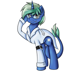 Size: 1200x1200 | Tagged: safe, artist:novaspark, derpibooru exclusive, oc, oc only, oc:nova spark, monster pony, original species, tatzlpony, 2019 community collab, clothes, derpibooru community collaboration, fangs, female, glasses, lab coat, monster mare, simple background, solo, transparent background