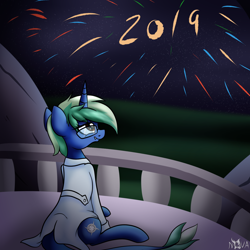 Size: 1500x1500 | Tagged: safe, artist:novaspark, oc, oc only, oc:nova spark, monster pony, original species, tatzlpony, clothes, fangs, female, fireworks, happy new year, happy new year 2019, holiday, lab coat, monster mare, solo