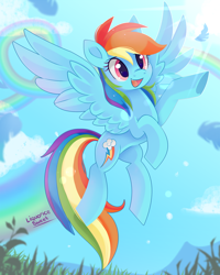 Size: 1000x1250 | Tagged: safe, artist:liquorice_sweet, derpibooru import, rainbow dash, pegasus, pony, blue sky, cute, dashabetes, female, flying, mare, open mouth, rainbow, solo, sun