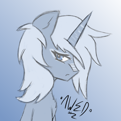 Size: 5000x5000 | Tagged: safe, artist:awed, derpibooru import, oc, oc:silky waves, pony, unicorn, blue eyes, bust, chest fluff, newbie artist training grounds, photo, portrait, sad, solo