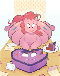 Size: 1485x1875 | Tagged: safe, artist:secretgoombaman12345, pinkie pie, twilight sparkle, earth pony, pony, abstract background, balloonbutt, butt, cake, cellular peptide cake (with mint frosting), fat, fetish, food, food transformation, heart, holiday, inanimate tf, obese, pudgy pie, tongue out, transformation, twicake, valentine's day, vore, worried